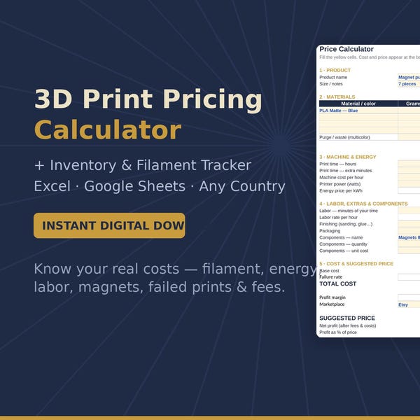 3D print pricing calculator spreadsheet preview