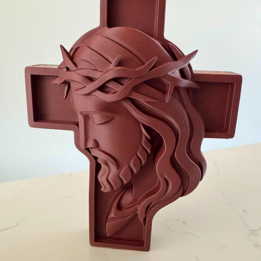 Rosewood Tone Jesus Face Cross — photo 2 of 3, made to order by Danjo 3D Studio