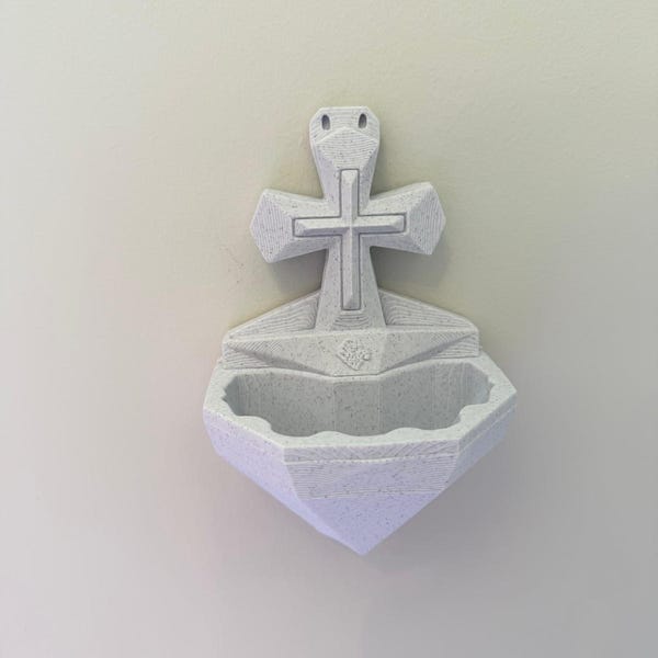 Marble-look holy water font with cross