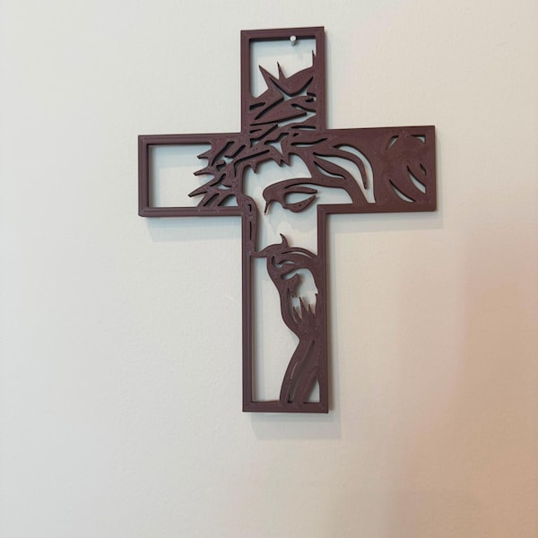 Jesus Face line art cross in rosewood tone